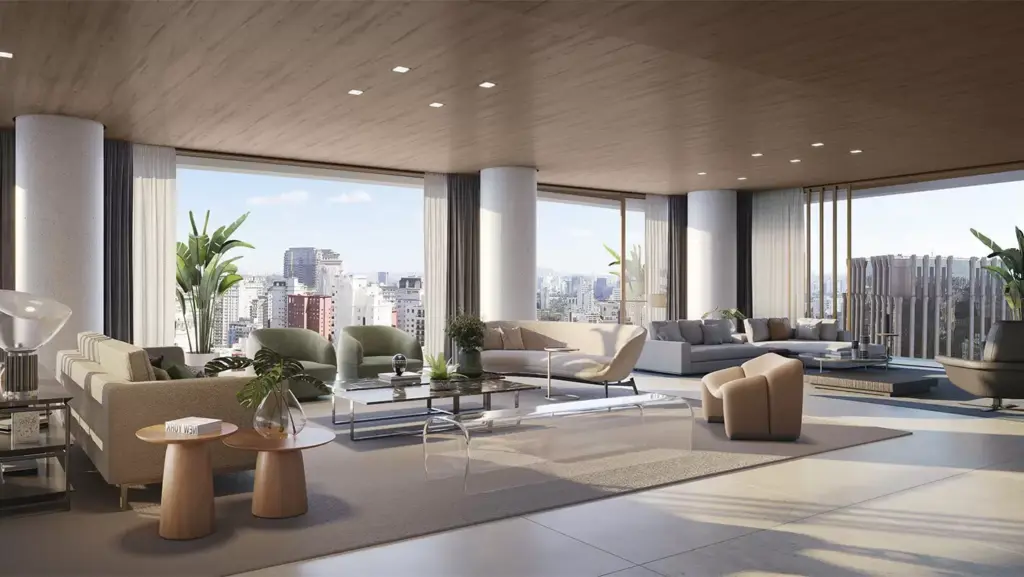 Living Com Caixilharia Do Piso Ao Teto Do Apartamento De 541 M² Do Vizcaya Itaim, Perspectiva Ilustrada