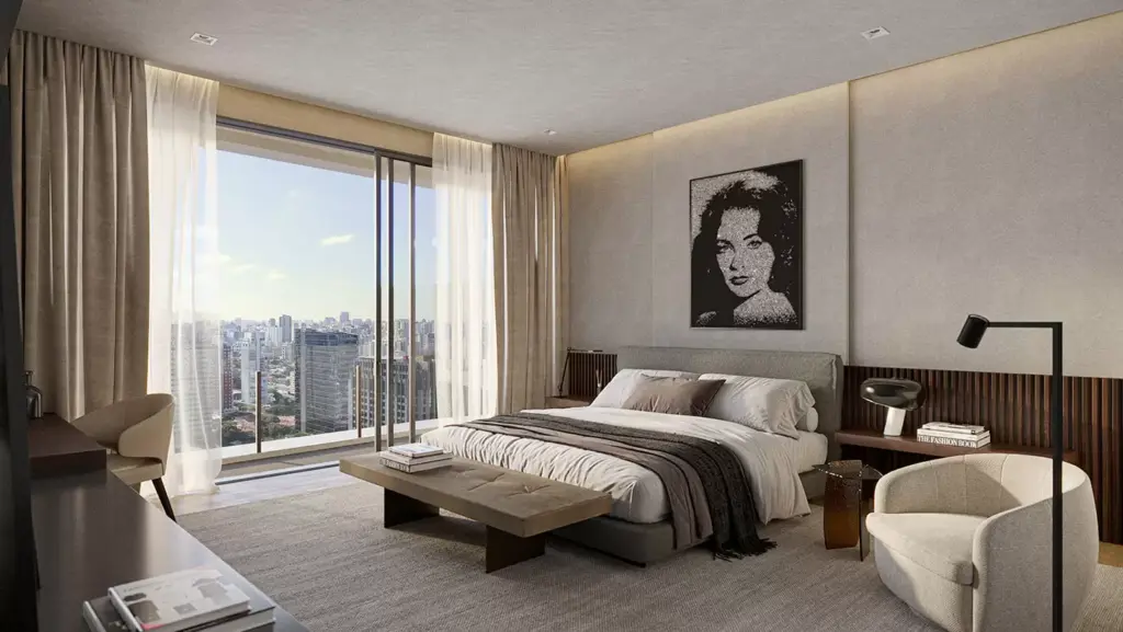 Suíte Master Com Vista Da Cidade Do Apartamento De 541 M² Do Vizcaya Itaim, Perspectiva Ilustrada